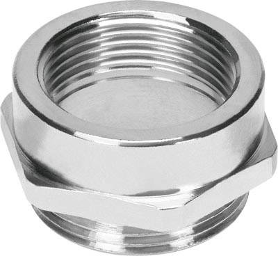 Ein verchromter Sechskantadapter aus Metall mit Innen- und Außengewinde, verwendet zur Verbindung von Rohren oder Schläuchen.