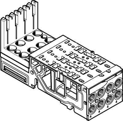 Technische Zeichnung eines elektronischen Steckverbinders mit mehreren Pins und Buchsen, seitlich geöffnet, um inneren Aufbau zu zeigen.