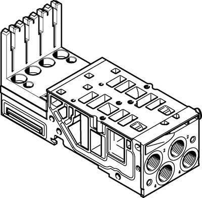 Technische Zeichnung eines elektronischen Steckverbinders mit mehreren Anschlüssen und Leitungsführungen in isometrischer Ansicht.