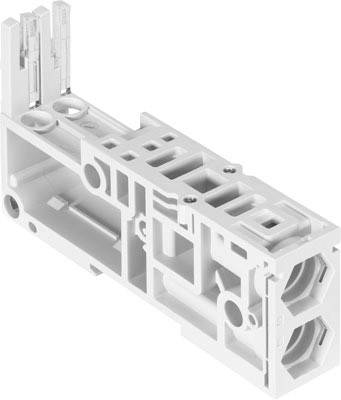 Ein weißer Kunststoff-Innenrahmen mit mehreren Befestigungspunkten und Steckverbindungen, Teil eines elektronischen Gehäuses.