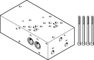 Technische Zeichnung eines rechteckigen Metallblocks mit mehreren Schrauböffnungen und vier Schrauben rechts daneben.
