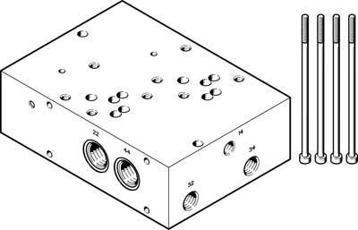 Konstruktionszeichnung eines rechteckigen Metallblocks mit mehreren Öffnungen und vier langen Schrauben.