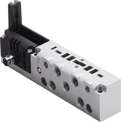 Ein pneumatisches Greifmodul mit Metallgehäuse, mehreren Anschlussöffnungen und einem Steckverbinder, zur Automatisierung von Greifprozessen.