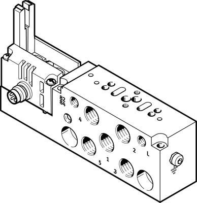 Eine technische Zeichnung eines pneumatischen Ventilblocks mit mehreren Anschlüssen und Befestigungspunkten, verwendet in Automatisierungssystemen.