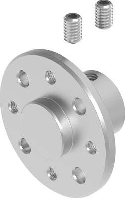 Metallflansch mit mehreren Bohrungen und zwei zylindrischen Schrauben oben.