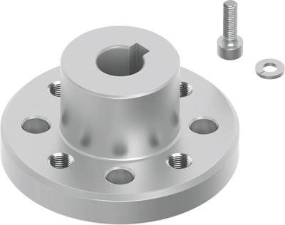 Metallflansch mit fünf Gewindelöchern, einer zentralen Öffnung, einer Schraube und einer Mutter rechts oben. Verwenden für Maschinenmontage.