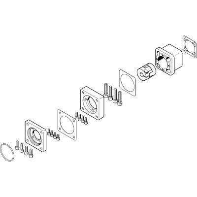 Explosionszeichnung eines mechanischen Teils mit mehreren Schichten und Schrauben zeigt die Montageabfolge einzelner Komponenten.