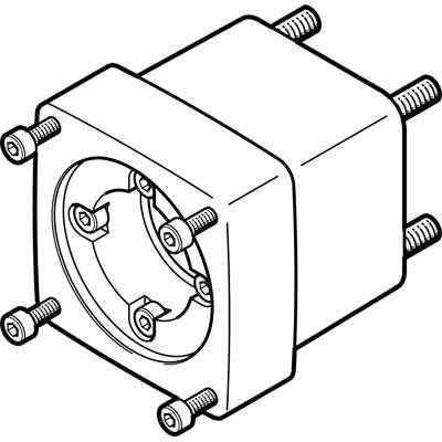 Eine technische Zeichnung eines rechteckigen Bauteils mit sechs Schrauben an den Seiten, möglicherweise ein Teil eines mechanischen Systems.