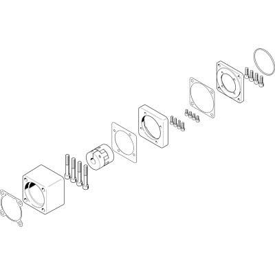 Explosionszeichnung eines mechanischen Bauteils, bestehend aus mehreren rechteckigen und runden Komponenten sowie Schrauben.