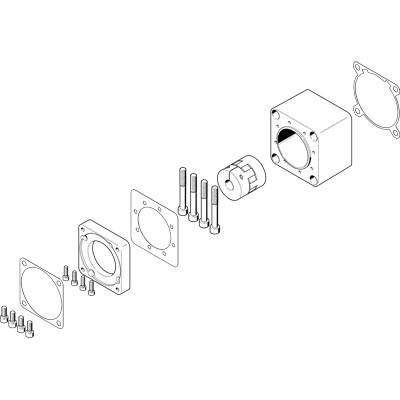Explosionszeichnung von Maschinenteilen, bestehend aus Schrauben, Platten und einem rechteckigen Gehäuse, zeigt den Montageaufbau.