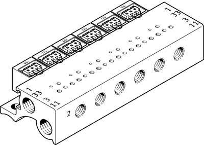 Ein Block mit mehreren Steckplätzen und nummerierten Anschlüssen. Oben sind fünf elektronische Bauteile angebracht.