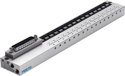 Silberfarbener elektrischer Linearantrieb von Festo mit Steckverbindung, zur präzisen Bewegungskontrolle in automatisierten Systemen.
