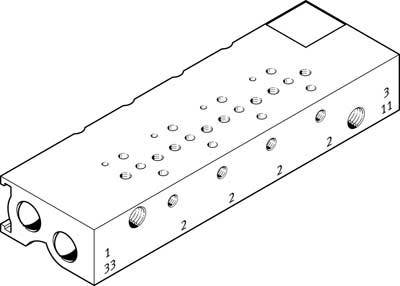 Technische Zeichnung eines rechteckigen Metallblocks mit Löchern und Markierungen, die auf Anschlüsse und Bauteile hinweisen.