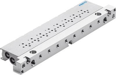 Aluminium-Verteilerblock mit mehreren Anschlussöffnungen und eingraviertem Logo, für Druckluft- oder Hydraulikanwendungen.