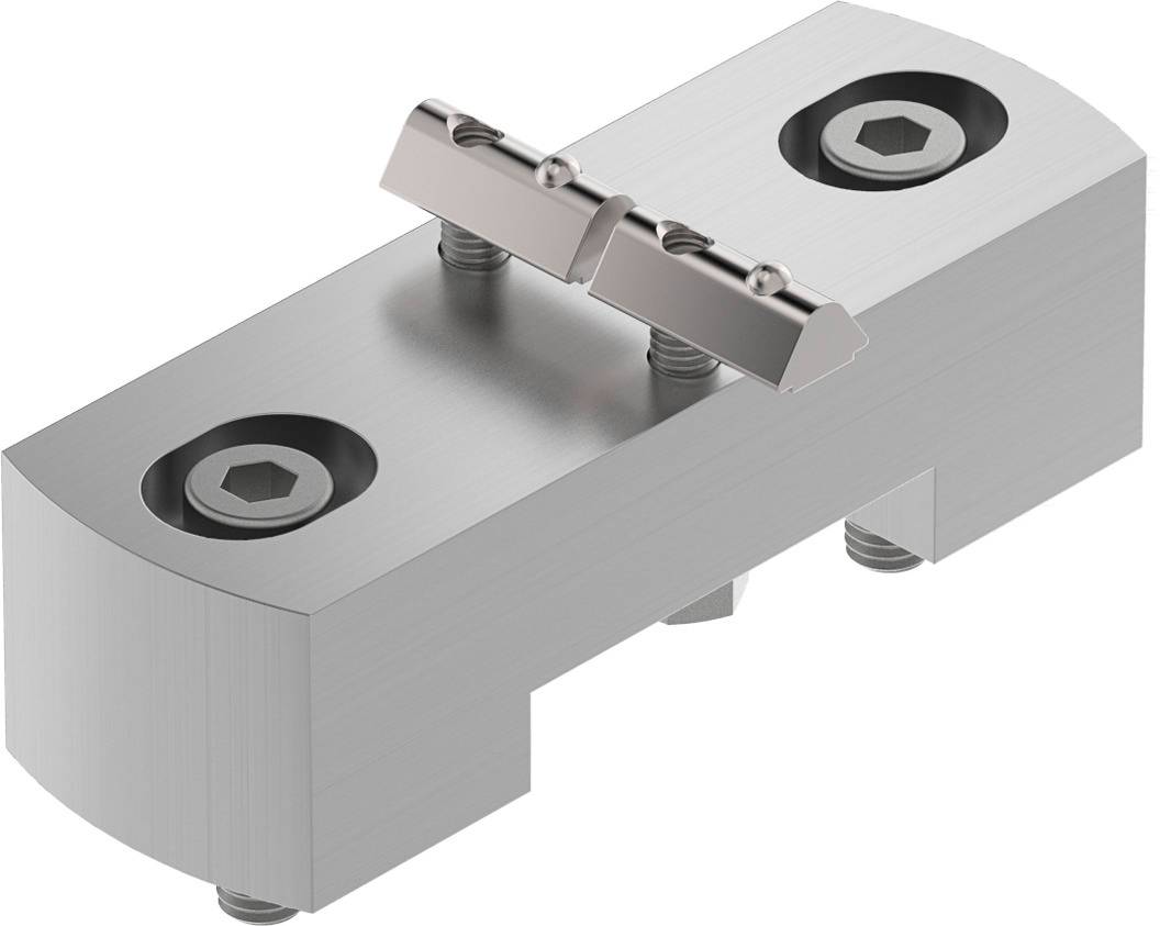 Metallverbinder mit zwei Schraubenlöchern und zwei Schrauben. Verwendet zur sicheren Befestigung von Bauteilen in mechanischen Systemen.