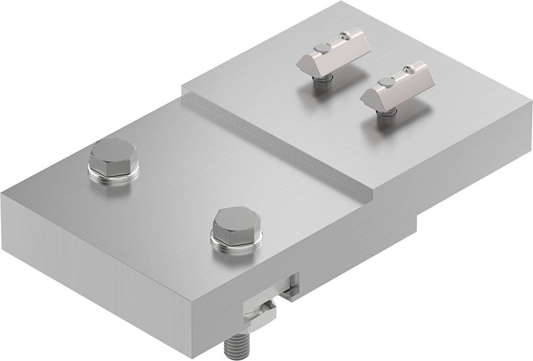 Metallische Befestigungskomponente mit zwei Bolzen und zwei Klemmen, möglicherweise für industrielle Anwendungen oder Maschinenbau.