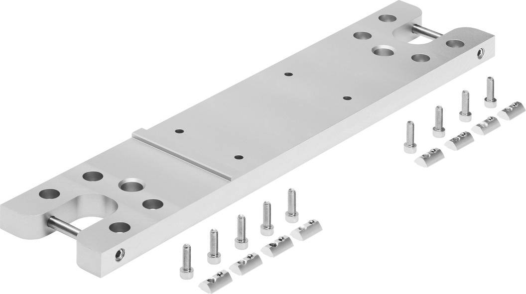 Metallplatte mit mehreren Bohrungen und Stiften, umgeben von Schrauben und Muttern. Eignet sich für Konstruktions- oder Montagezwecke.