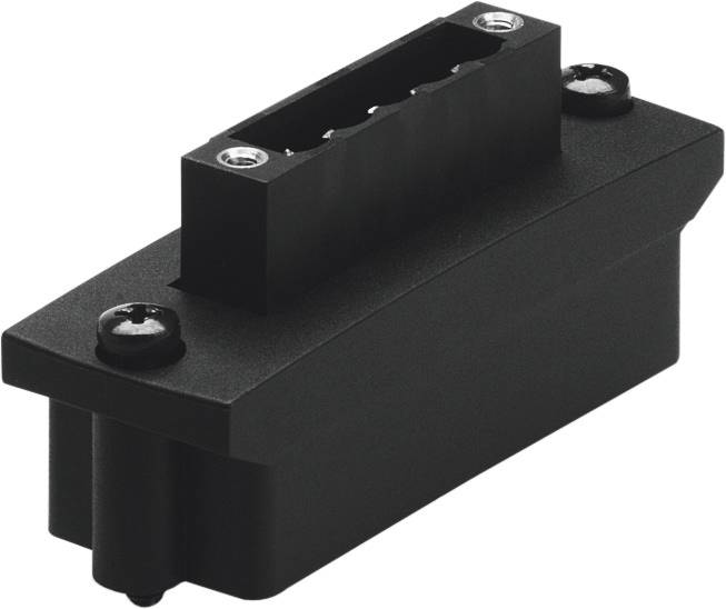 Schwarzer, rechteckiger Steckverbinder mit Schraubmontage, seitlich zwei Schrauben zur Befestigung, hervorstehender Mittelteil.