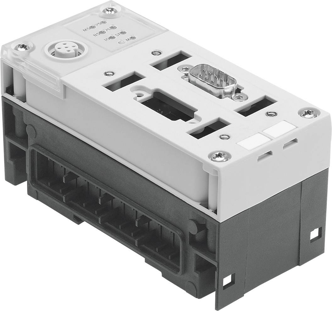 Ein rechteckiges technisches Modul mit mehreren Steckverbindungen und Anschlüssen, das offenbar für elektrische oder elektronische Anwendungen genutzt wird.