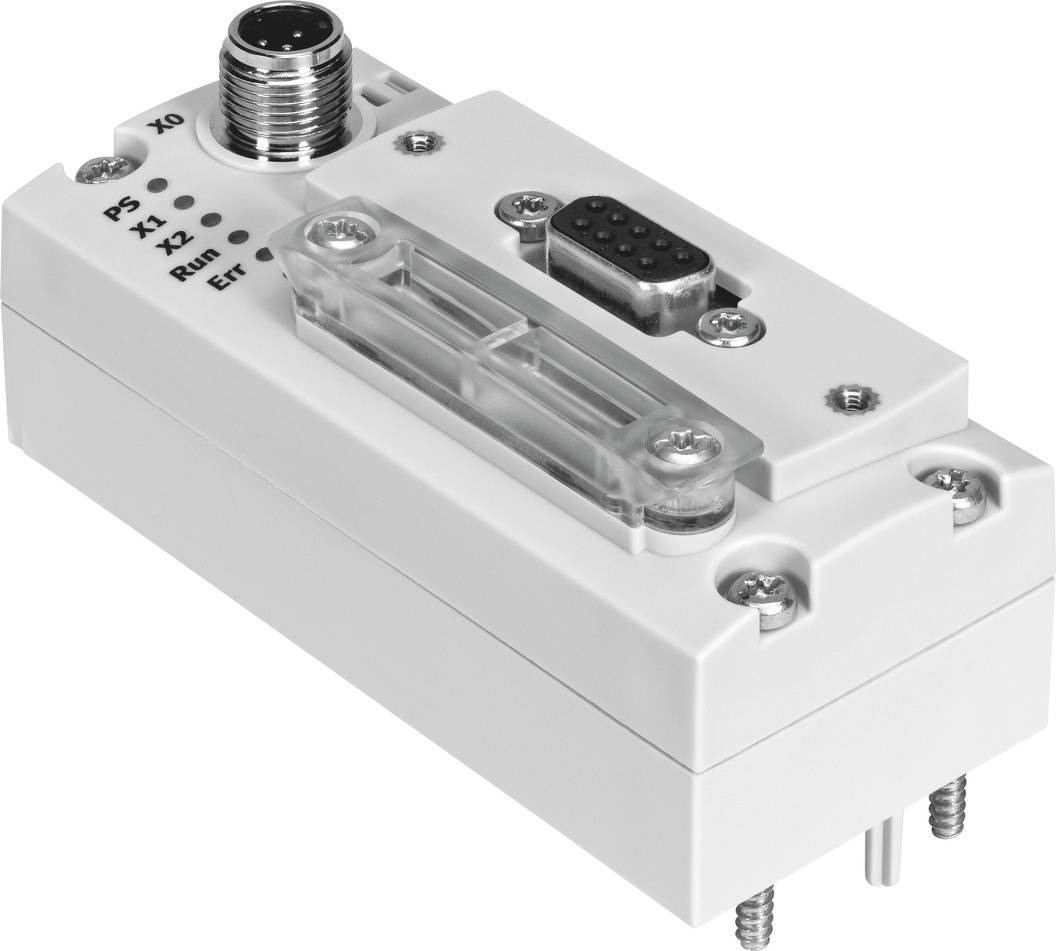 Ein weißes industrielles Steckmodul mit mehreren Anschlussmöglichkeiten und Schrauben zur Befestigung; für technische Anwendungen geeignet.