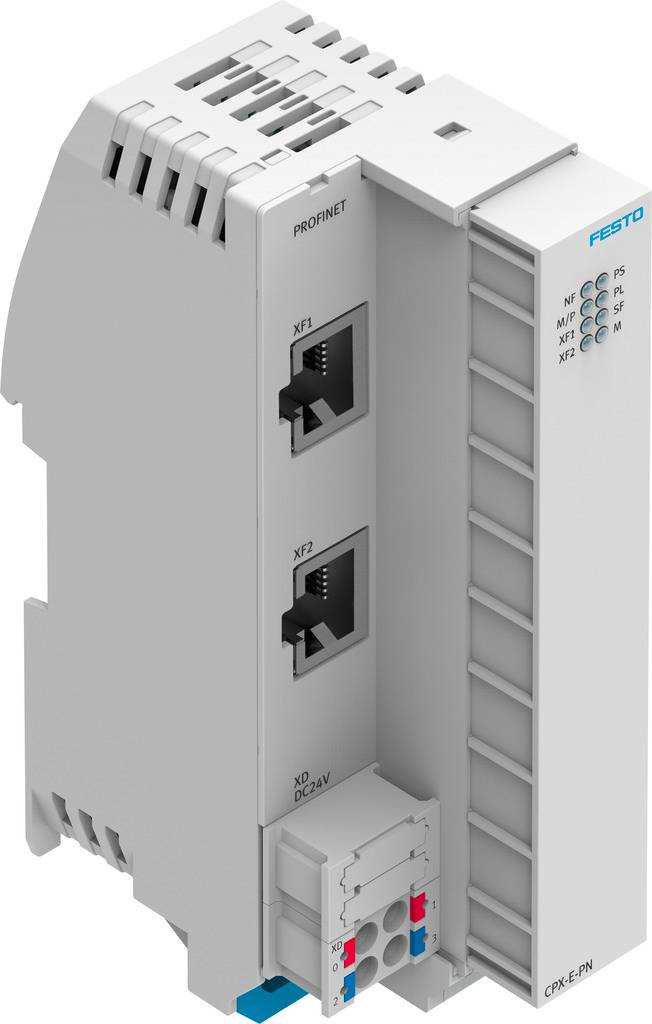Ein Festo Profinet-Controller mit zwei Netzwerkschnittstellen und mehreren LED-Anzeigen für Betriebszustand und Verbindungen.