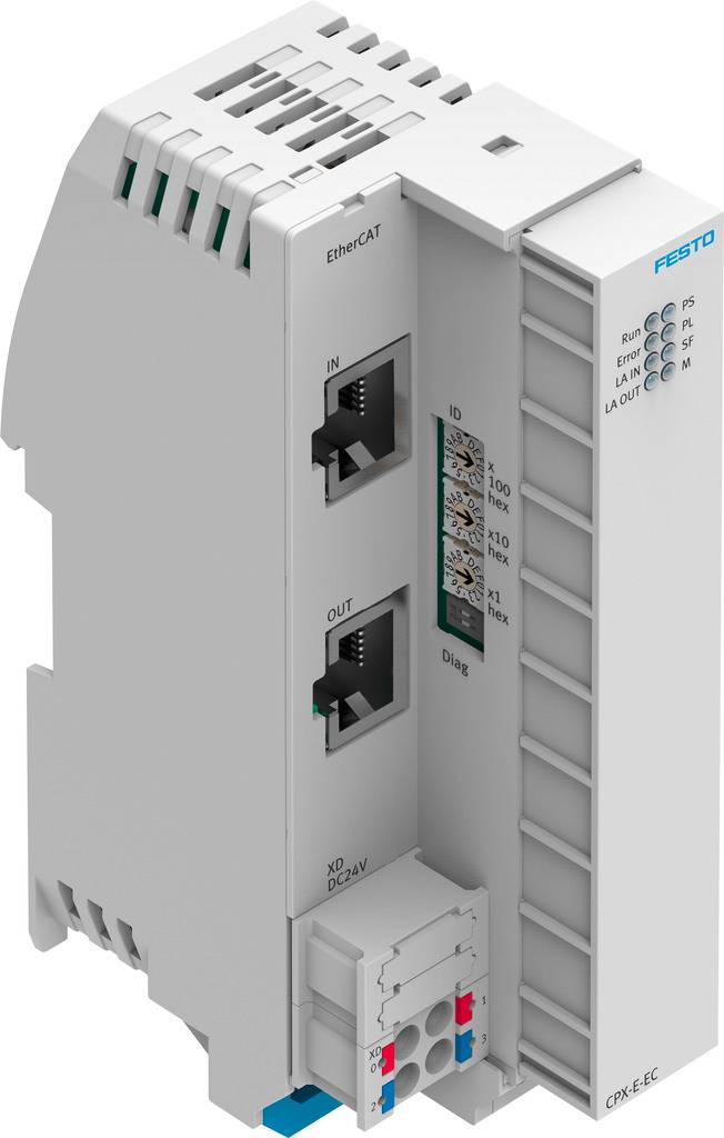 Steuermodul mit Ethernet- und Stromanschlüssen, geeignet zur Integration in industrielle Automatisierungssysteme.
