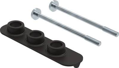 Zwei lange Metallbolzen mit Gewinde und eine schwarze, dreifach gelochte Dichtung, die für die Befestigung oder Abdichtung verwendet wird.