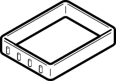 Schwarz-weiß Zeichnung eines rechteckigen Containers mit vier kleinen, hervorstehenden Knöpfen an einer Seite.