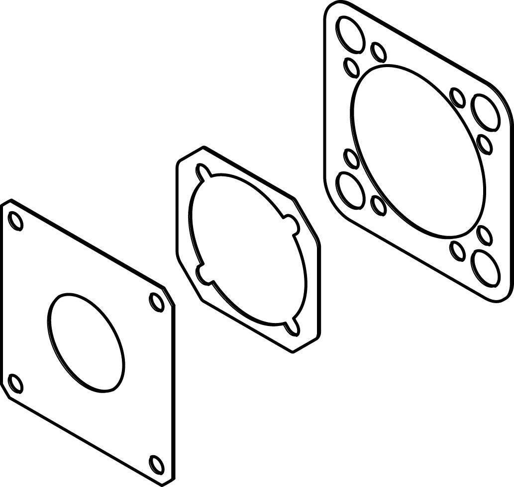 Dreiteiliges Dichtungsset in Schichtung gezeigt, bestehend aus rechteckigen und ovalen Formen, geeignet für mechanische Anwendungen.