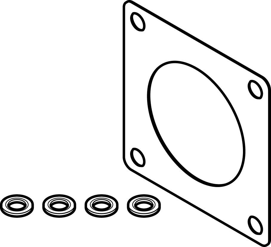 Ein quadratisches Metallstück mit vier Bohrungen in den Ecken und einer großen Öffnung in der Mitte, daneben vier kleine Ringe.