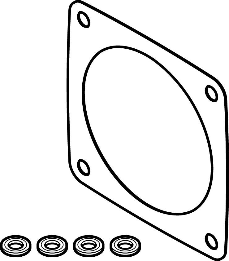 Abbildung eines Flanschdichtungssets mit vier Schraubenlöchern und vier Ringen darunter.