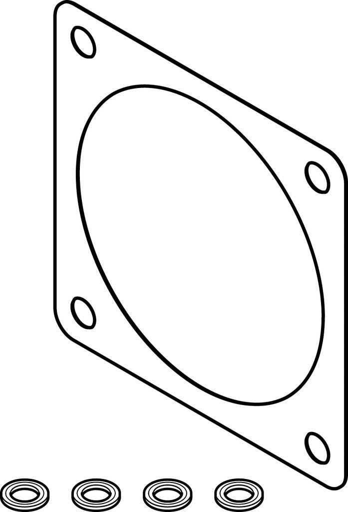 Eine technische Zeichnung zeigt eine quadratische Platte mit rundem Loch in der Mitte und vier Schraublöchern an den Ecken. Darunter fünf Lager.