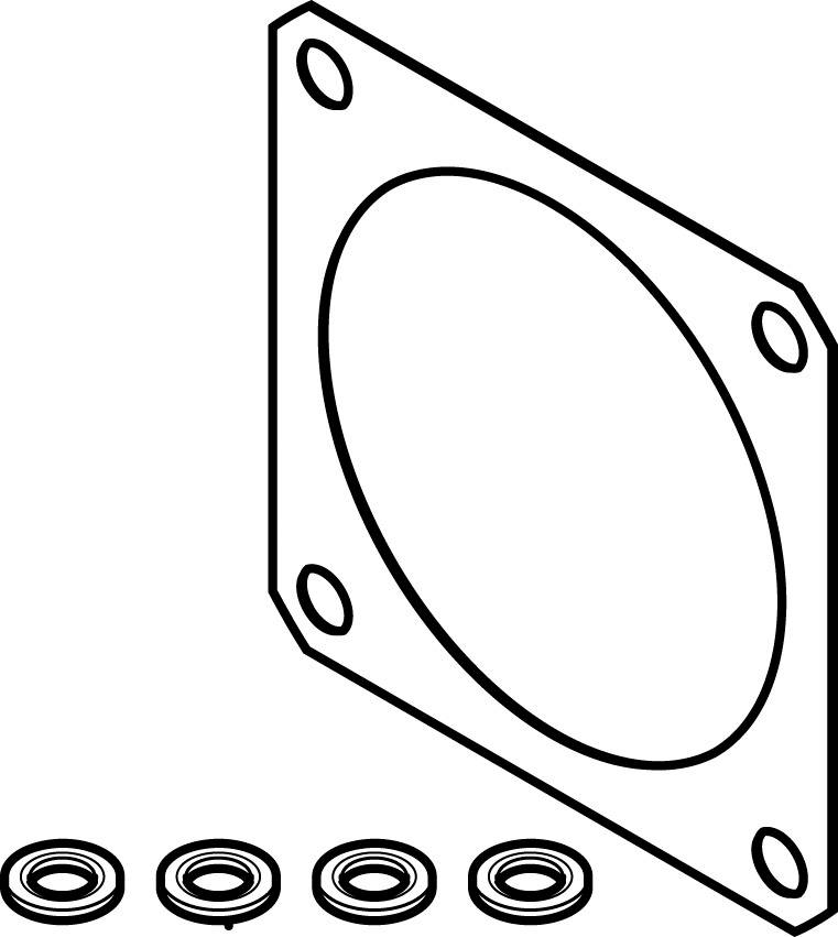 Eine technische Zeichnung zeigt eine quadratische Platte mit einem großen zentralen Loch und vier kleineren Löchern in den Ecken. Darunter sind vier kleine Ringe abgebildet.