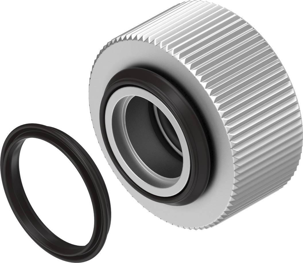 Zwei Maschinenbauteile: eine silbergraue, gerippte Rolle und ein schwarzer Dichtungsring, die zusammenpassen könnten.