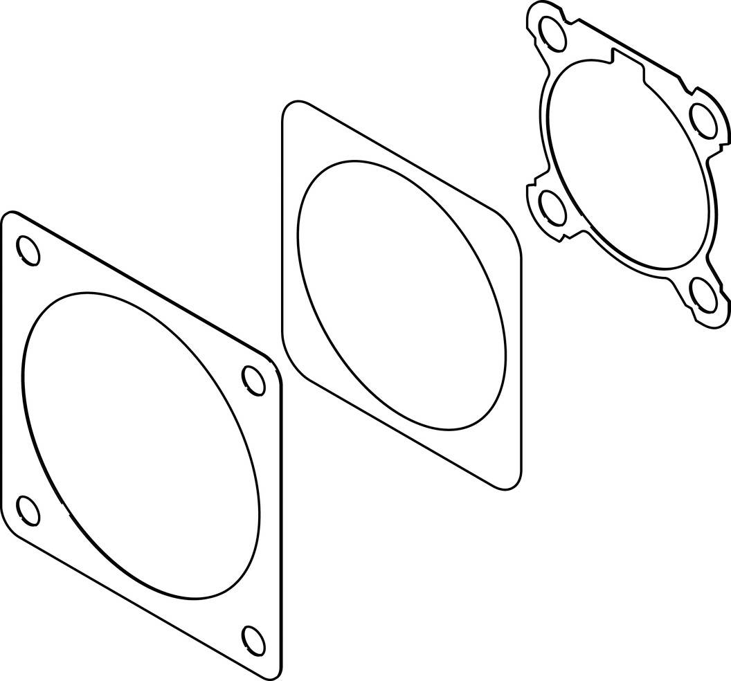 Drei Dichtungen in verschiedenen Formen für mechanische Anwendungen, angeordnet von links nach rechts: quadratisch, rechteckig, und rund mit Löchern.