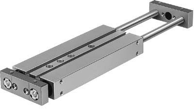 Ein pneumatischer Schlitten aus Metall mit zwei Schienen und Befestigungen. Er ist für präzise lineare Bewegungen konzipiert.