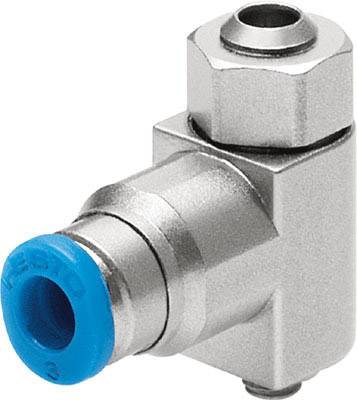 Ein silbernes Metallanschlussstück mit einem blauen Kunststoffring, das zur Verbindung von Schläuchen in Pneumatiksystemen verwendet wird.