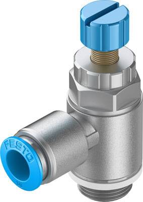 Ein silbernes Pneumatikventil mit blauem Drehregler zur Durchflusssteuerung, passend für industrielle Anwendungen.