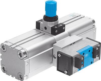 Silberner pneumatischer Antrieb mit blauem Drehknopf und Ventil, für industrielle Anwendungen.