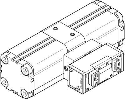 Technische Zeichnung eines pneumatischen Schwenkantriebs. Zeigt Anschlussstellen und mechanische Details für Industrieanwendungen.