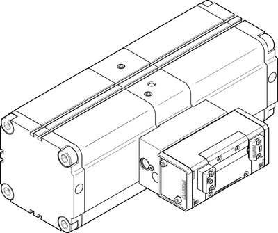 Technische Zeichnung eines Elektromotors mit rechteckigem Gehäuse und Anschlüssen an der Seite.