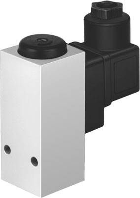 Ein schwarzes und silbernes elektrisches Magnetventil mit rechteckigem Gehäuse und Anschlussstecker.
