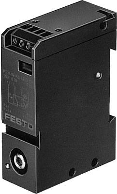 Schwarzes Festo-Ventilmodul mit mehreren Anschlüssen und Schriftzug 'PEV-W-KL-LED' auf der Vorderseite.