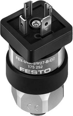 Druckschalter von Festo mit metallischem Gehäuse und elektrischen Anschlussstiften oben. Modellnummer: PEV-1/4-W-SW27-B-OD 175 252.