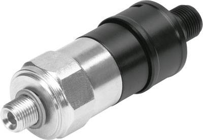 Silberner und schwarzer Drucksensor, zylindrisch, mit Gewindeanschluss. Hauptsächlich in hydraulischen Systemen verwendet.