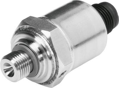 Industriesensor aus Metall zur Drucküberwachung; zylindrischer Körper mit Schraubgewinde und elektrischer Anschlussbuchse.