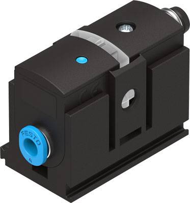 Ein schwarzes, rechteckiges Pneumatikventil mit blauen Markierungen und einer Anschlussöffnung, abgebildet aus Draufsicht.