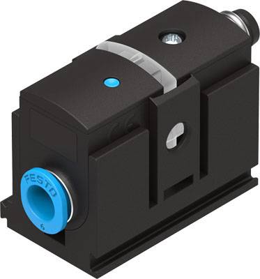 Schwarzes pneumatisches Bauteil mit blauer Feststellkappe und Silberdetails. Markiert 'FESTO', dient der Steuerung von Druckluftströmungen.
