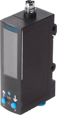 Ein schwarzes elektronisches Gerät mit Digitalanzeige und blauen Tasten, oben ein Steckeranschluss. Von der Marke 'Festo'.