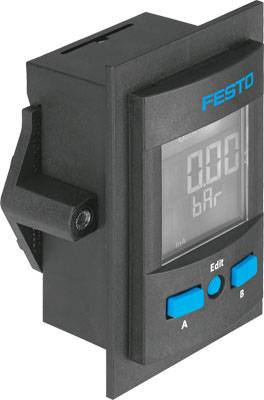 Digitales Manometer von Festo, zeigt Druck in Bar an, schwarze Hülle mit blauer Beschriftung und Bedientasten.